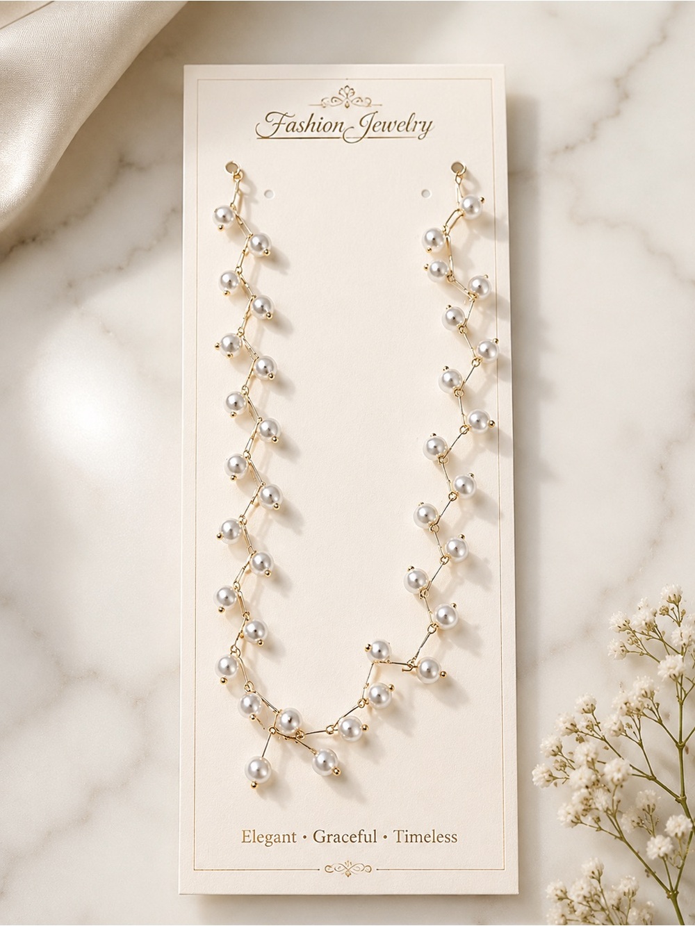 Fashion Jewelry Gold Pearl Vine Necklace - White Pearls